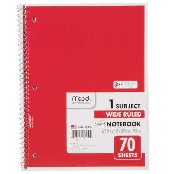 Mead Spiral Notebook Wide Ruled